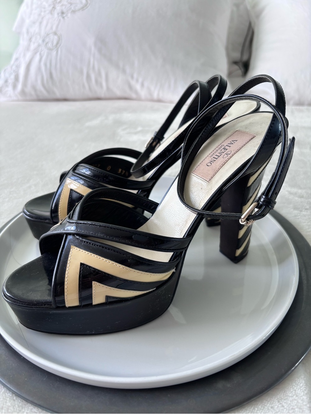 Valentino Garavani Black and Beige Patent Platform Slingback Heels